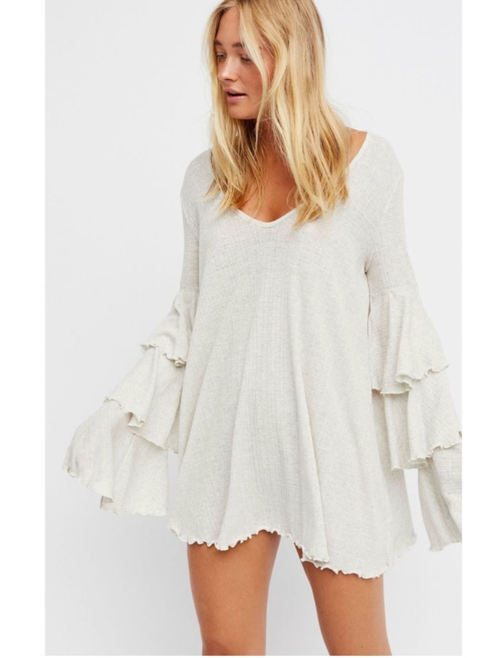 Free People Beach Seashore Lightweight Ribbed Knit Bell Sleeve Shirt Grey XS